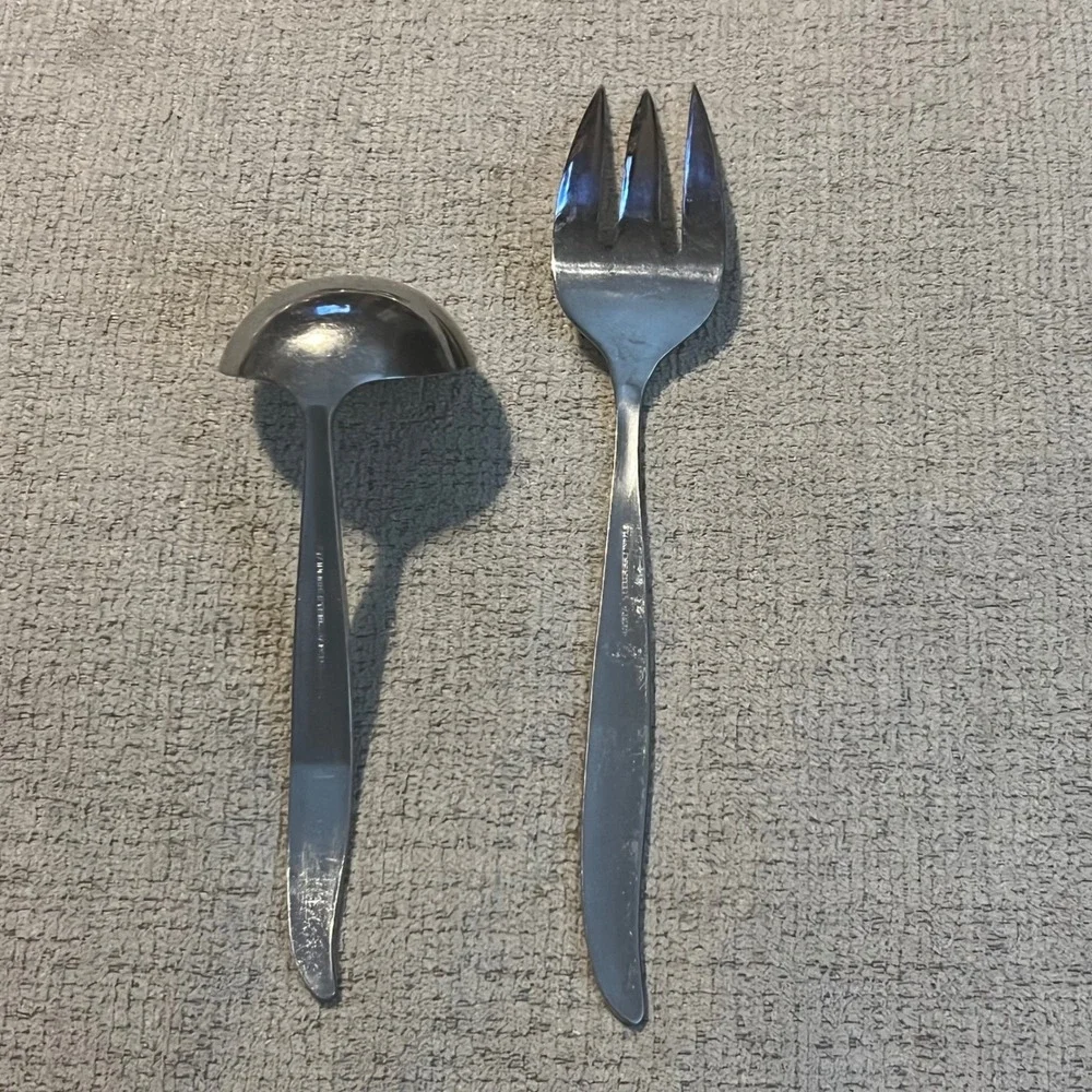 Vintage MCM Stainless Steel Starburst North Star Serving Fork & Gravy Ladle Set